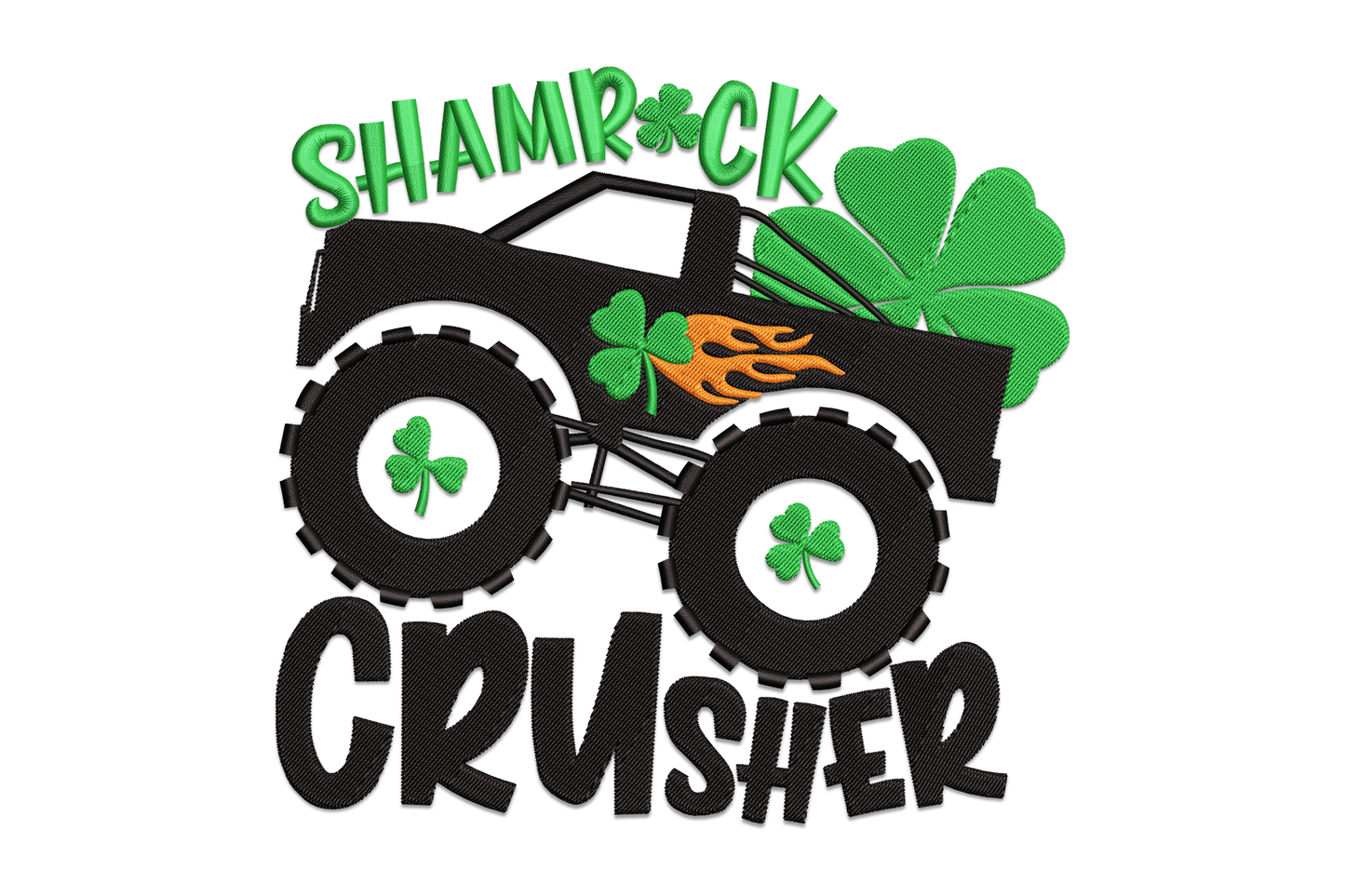 Shamrock Crusher monster truck embroidery design with a kelly green truck body, shamrock door panel graphic, oversized black tyres and white highlights, side angle view.