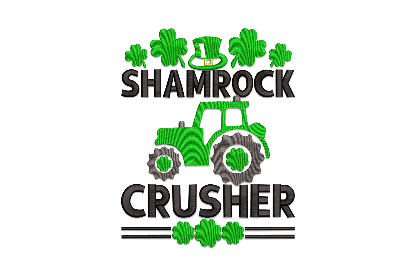 Shamrock Crusher tractor embroidery design with bold text, green tractor and shamrocks in black and dark green.
