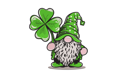 Shamrock gnome embroidery design, tall kelly green hat, fluffy cream beard, three-leaf clover in satin fill.