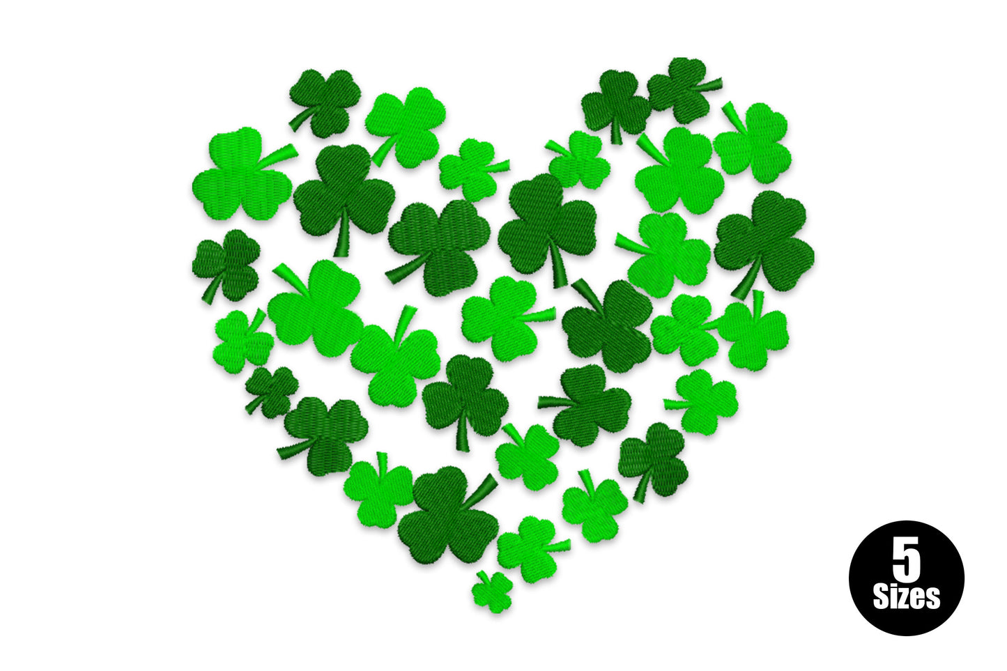 Shamrock heart embroidery with clover leaves forming a heart in three greens and gold accent stitching.