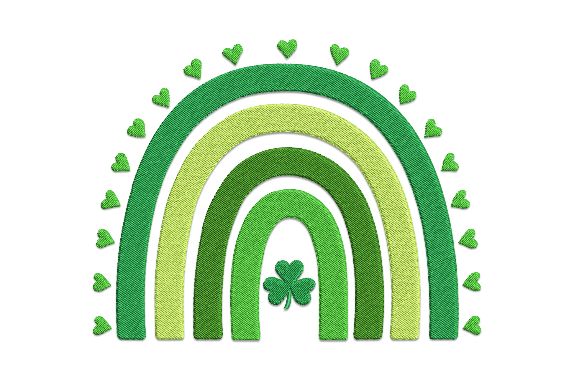 Shamrock and rainbow embroidery design showing three green leaves with a six-band rainbow arching over them on white fabric.