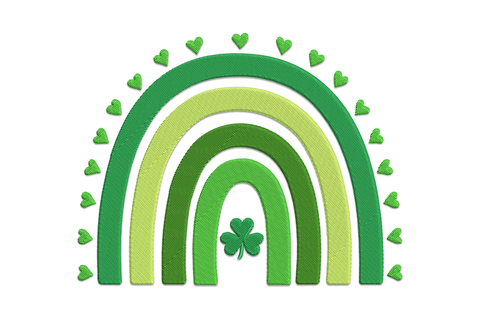 Shamrock and rainbow embroidery design showing three green leaves with a six-band rainbow arching over them on white fabric.