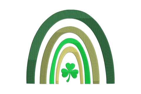 Shamrock rainbow embroidery, six colour arc from cloud to gold pot with three green four-leaf clovers bursting out the top
