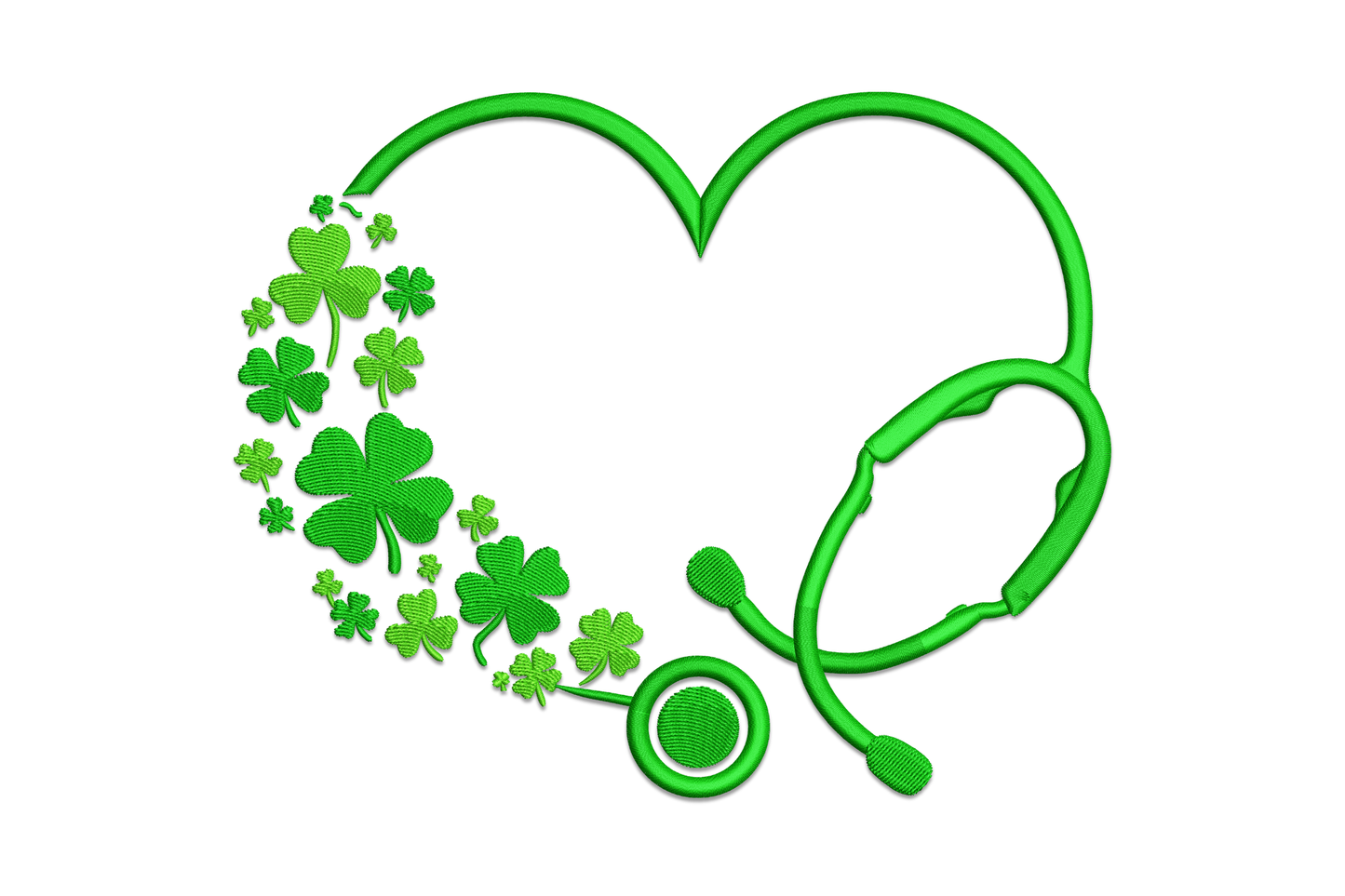 Shamrock stethoscope heart embroidery design, kelly green tubing forming a heart with a small shamrock at the top join.