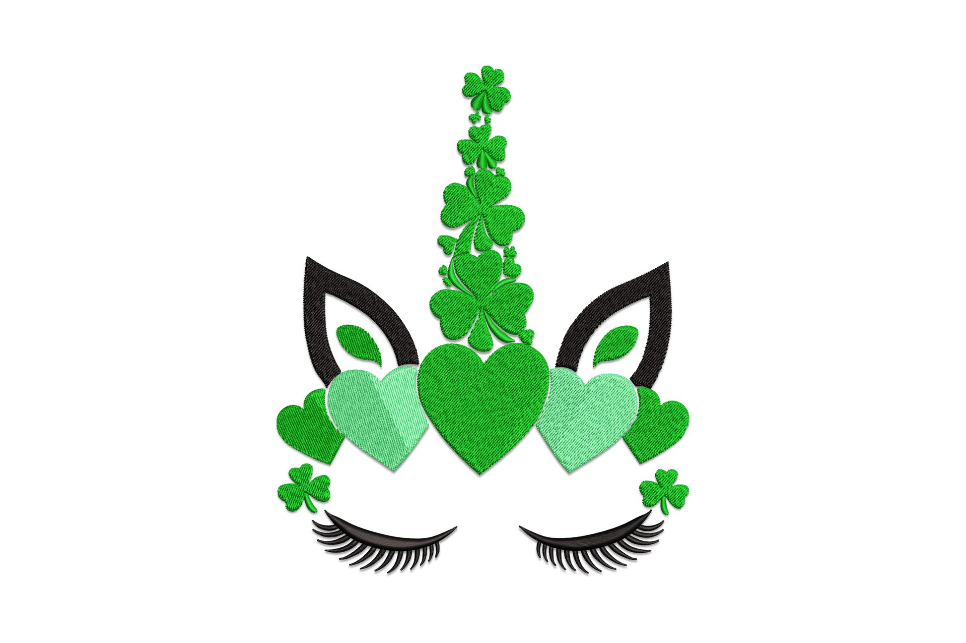 Shamrock unicorn face embroidery design with a front-facing unicorn, closed curved eyes, spiral horn and shamrock accent in kelly green, white and black.