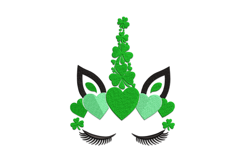 Shamrock unicorn face embroidery design with a front-facing unicorn, closed curved eyes, spiral horn and shamrock accent in kelly green, white and black.