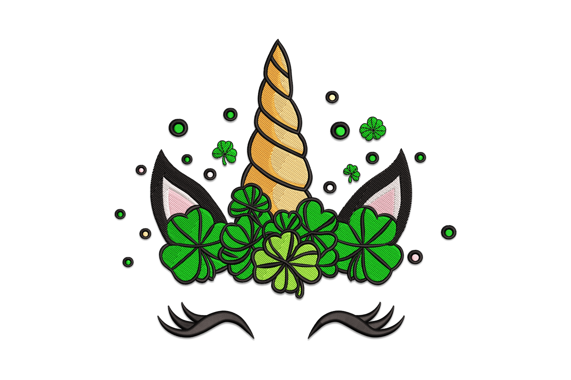 Unicorn horn ears and lashes above a dense shamrock clover cluster in 7 colour St. Patrick's Day embroidery