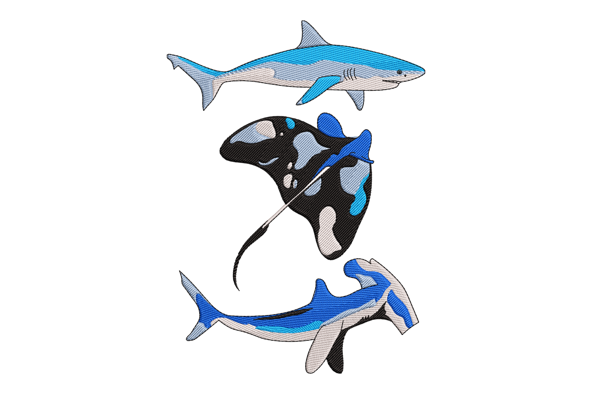 Shark, orca and stingray grouped in flat graphic embroidery design, five colours, ocean predator trio on white background