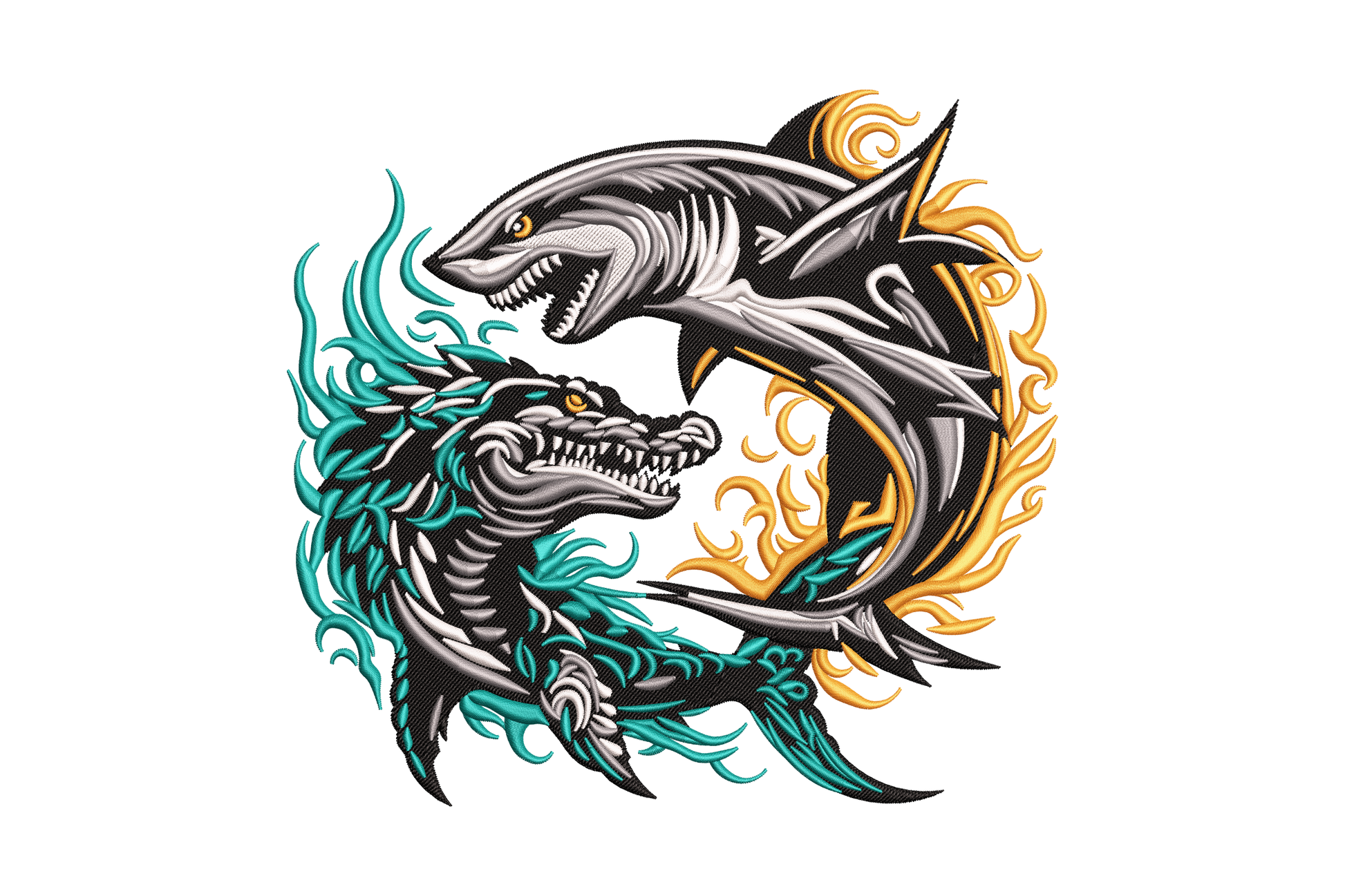 Shark vs dragon tribal embroidery design, black orange and teal, 5 sizes from 3.27 to 6.99 inches