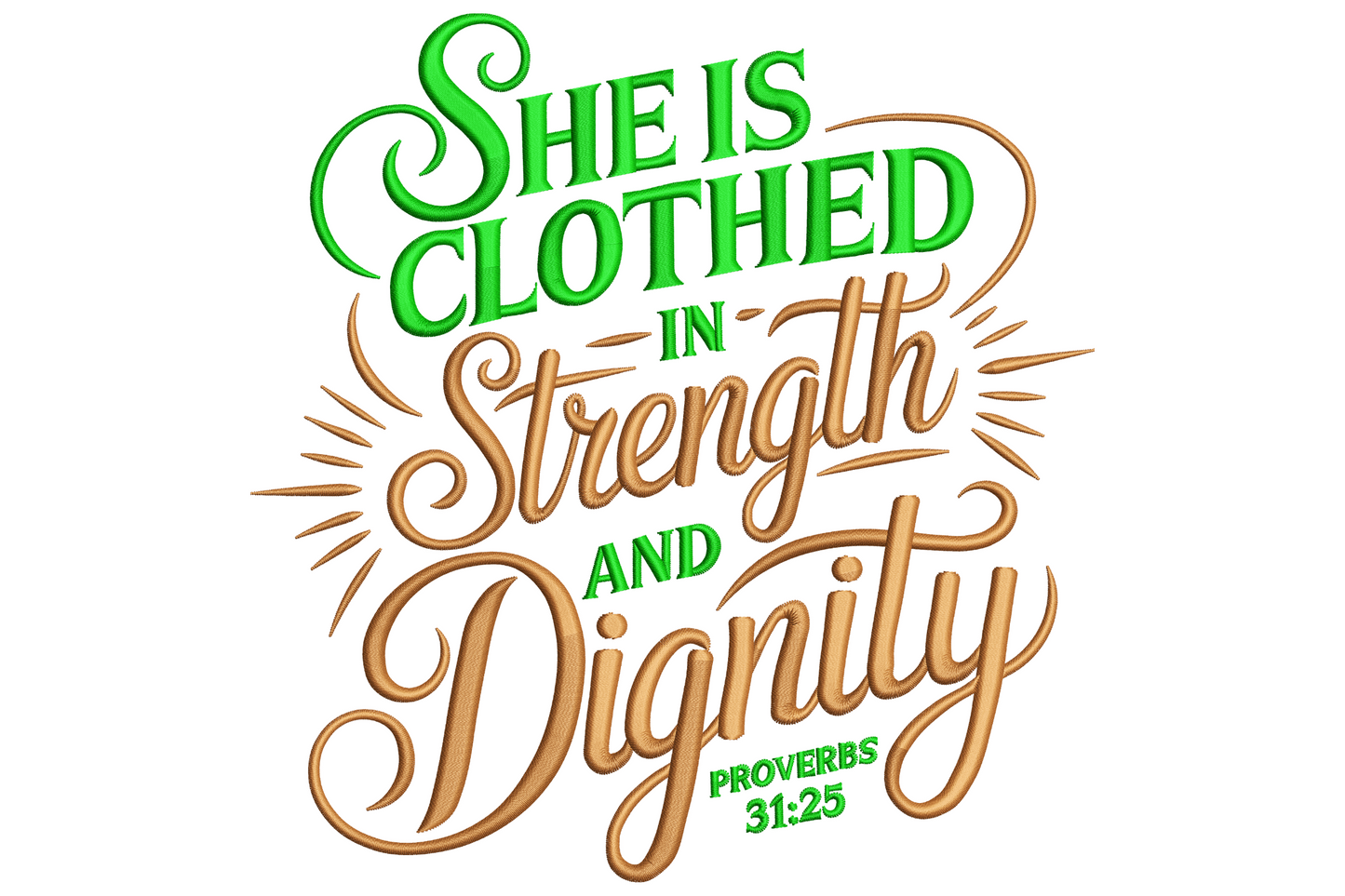 She Is Clothed in Strength and Dignity embroidery with calligraphy script header and bold serif lettering in charcoal on cream linen.