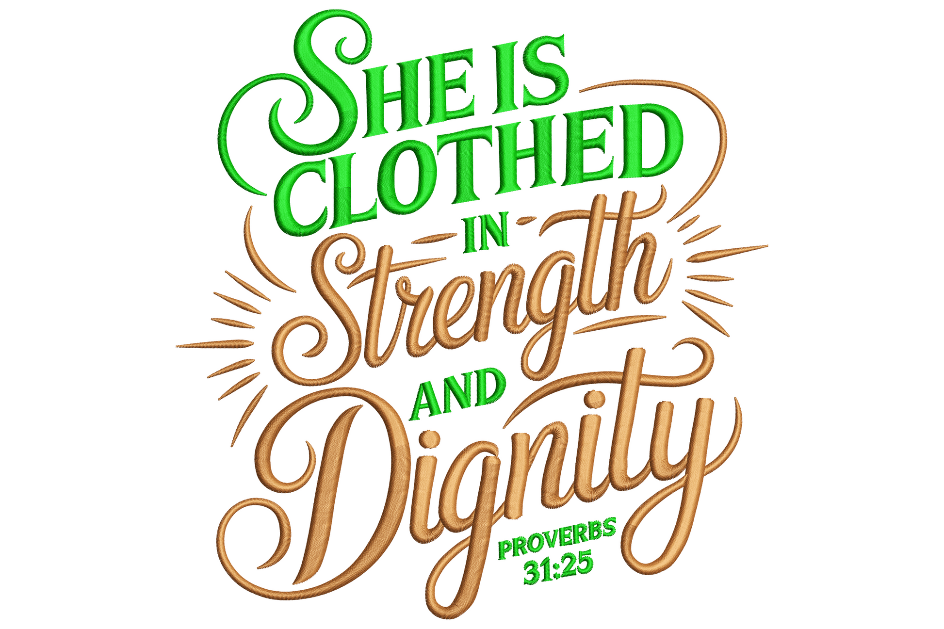 She Is Clothed in Strength and Dignity embroidery with calligraphy script header and bold serif lettering in charcoal on cream linen.