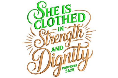 She Is Clothed in Strength and Dignity embroidery with calligraphy script header and bold serif lettering in charcoal on cream linen.