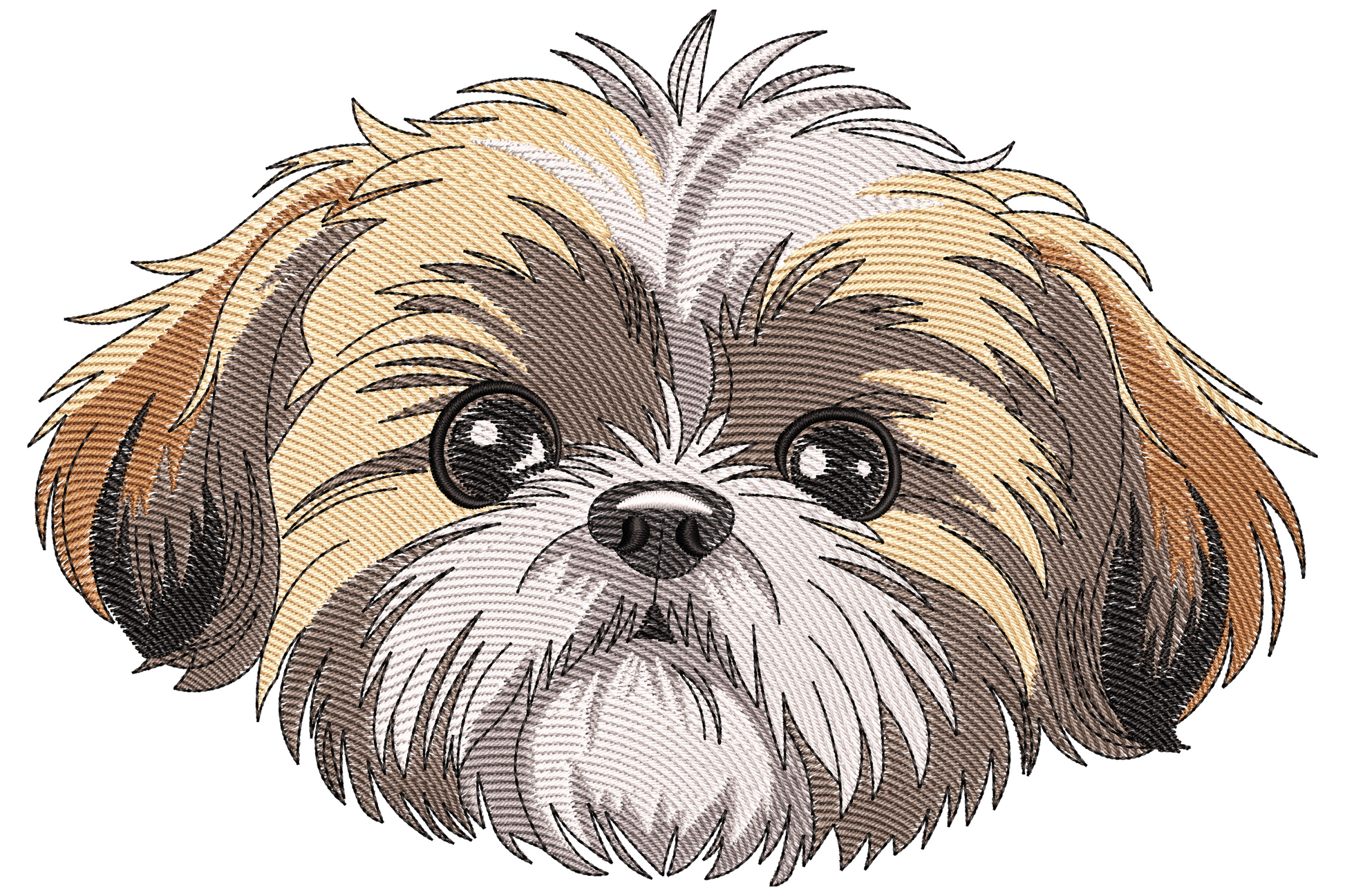 Shih tzu dog face embroidery with directional fur in tan, grey, black and white, realistic portrait style, straight-on view.
