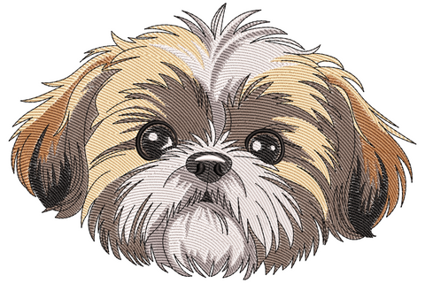 Shih tzu dog face embroidery with directional fur in tan, grey, black and white, realistic portrait style, straight-on view.