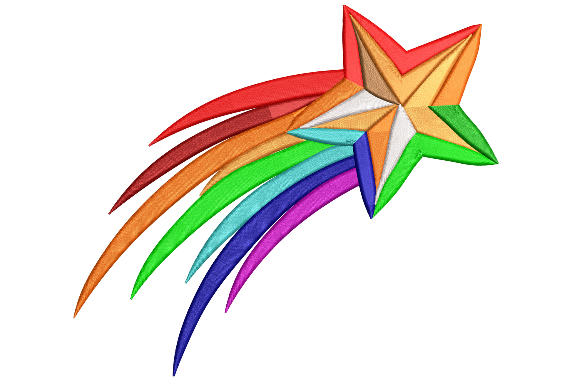 Shooting rainbow star embroidery design with bright comet tail in red orange green aqua blue magenta