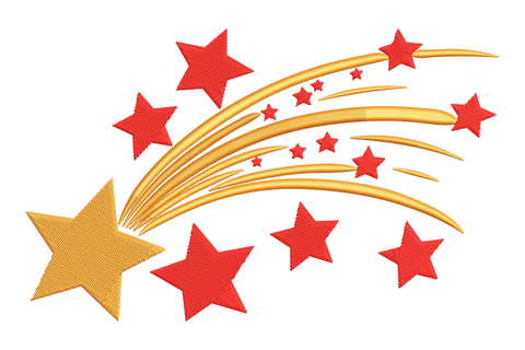 Shooting star with solid golden five-point body and long tapered silver-white tail at diagonal angle, two-colour celestial embroidery design on dark fabric.