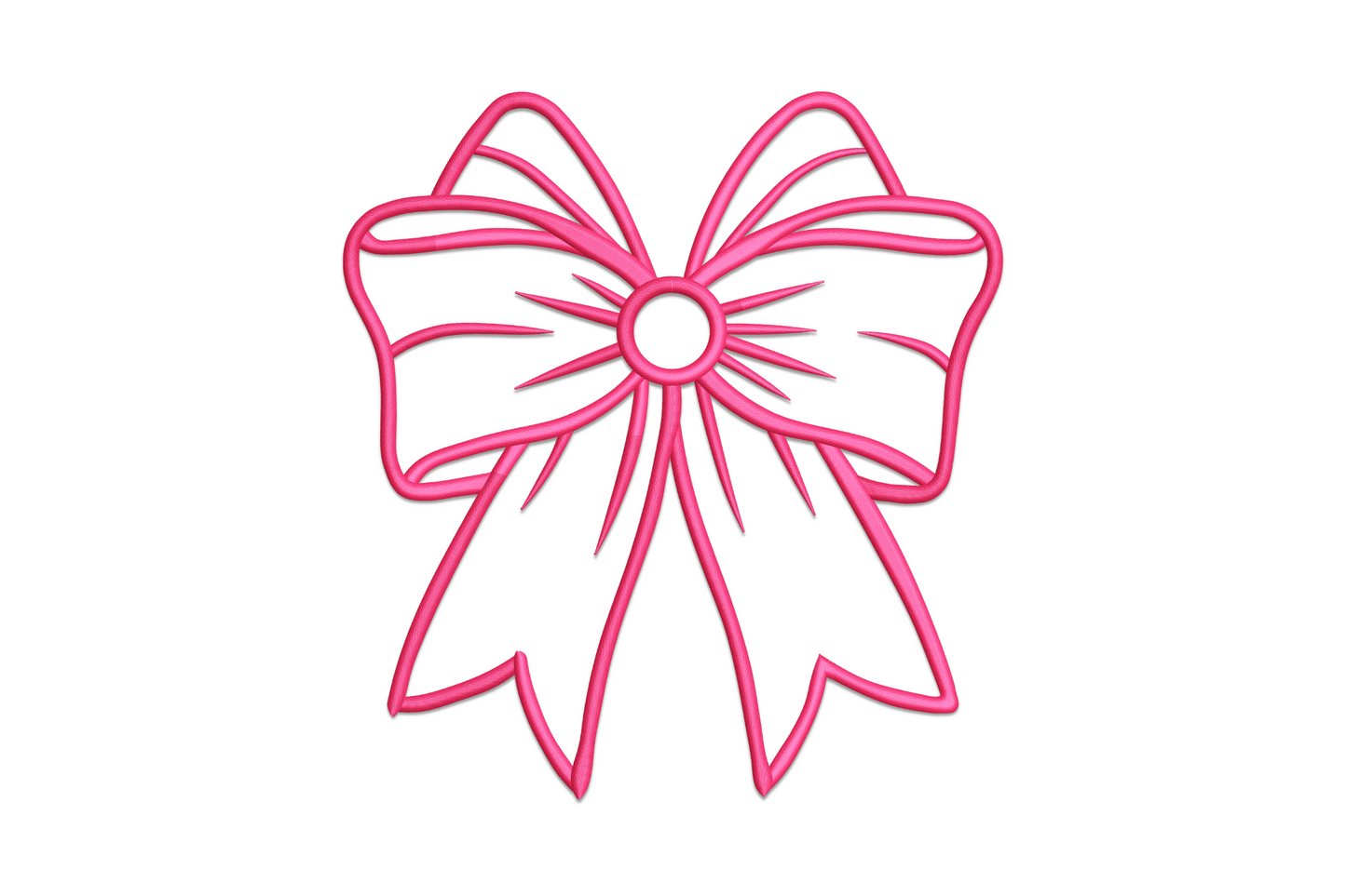 Simple bow outline embroidery in hot pink, open loop wings, radiating center knot, and ribbon tails
