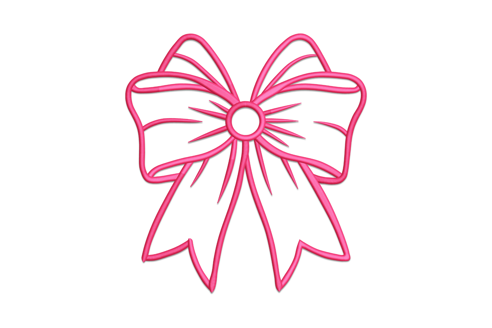 Simple bow outline embroidery in hot pink, open loop wings, radiating center knot, and ribbon tails
