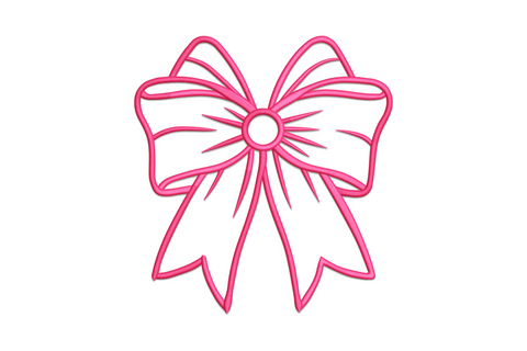 Simple bow outline embroidery in hot pink, open loop wings, radiating center knot, and ribbon tails