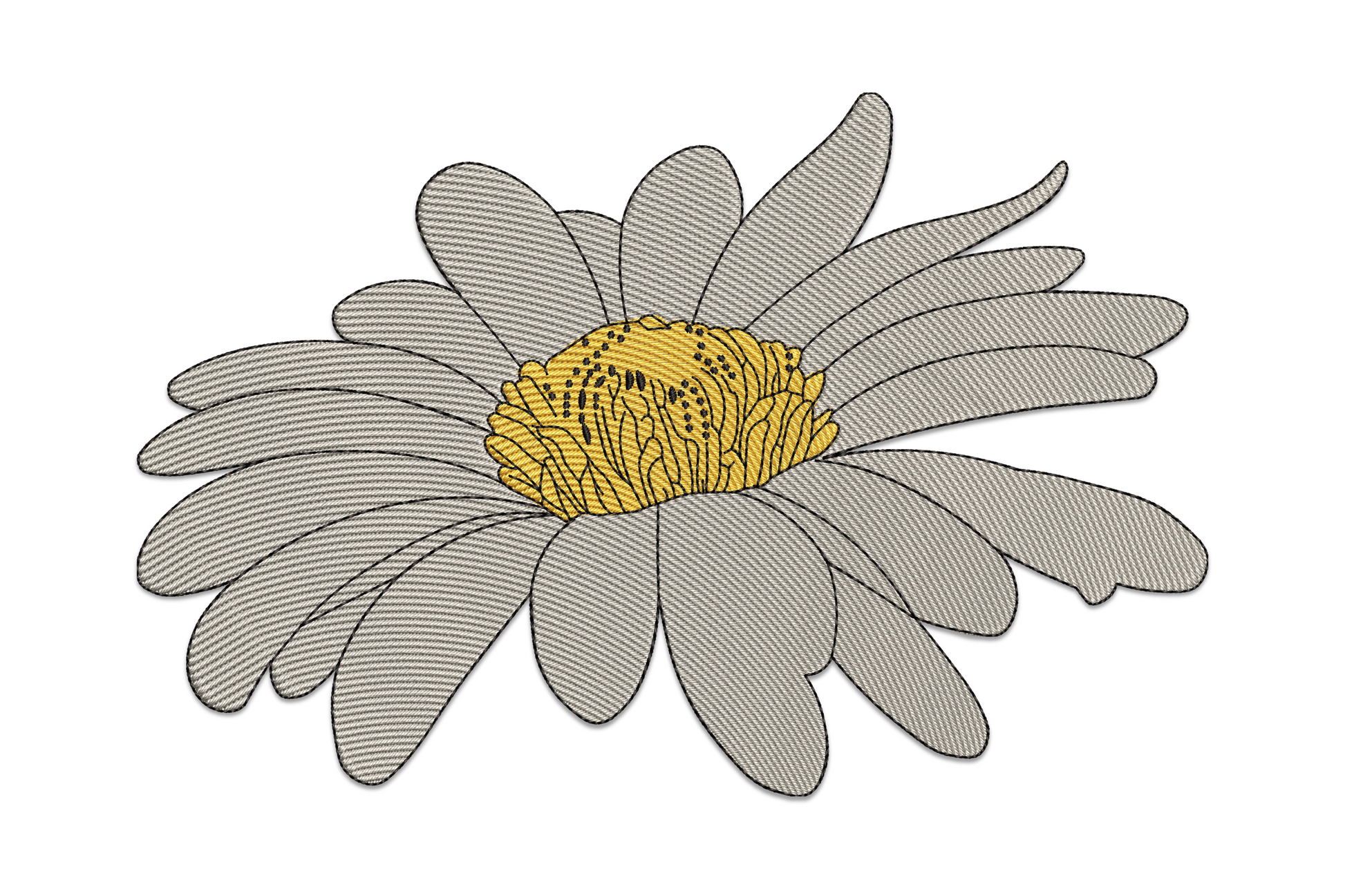 Simple daisy flower machine embroidery design, cream petals with golden textured centre, botanical motif for tea towels and tote bags