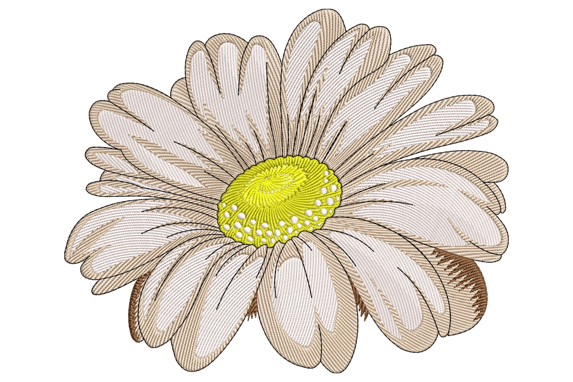 Simple daisy flower embroidery, large overhead gerbera bloom with cream and tan petals and bright yellow-green seed centre.