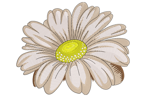 Simple daisy flower embroidery, large overhead gerbera bloom with cream and tan petals and bright yellow-green seed centre.