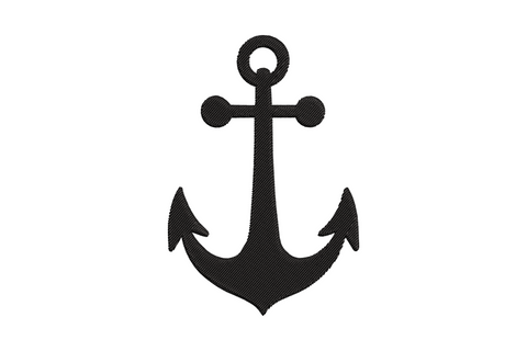 Simple nautical anchor silhouette embroidery design, solid black fill with clean classic shape, ring at top and straight flukes, no rope detail