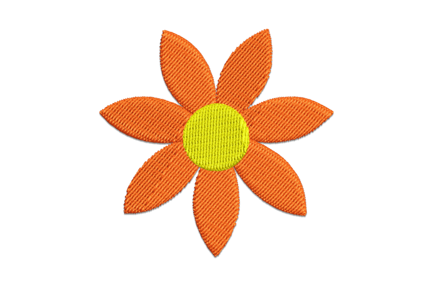 Simple orange flower embroidery design with five satin-fill petals and small round centre, 7 sizes, shown on white ground.