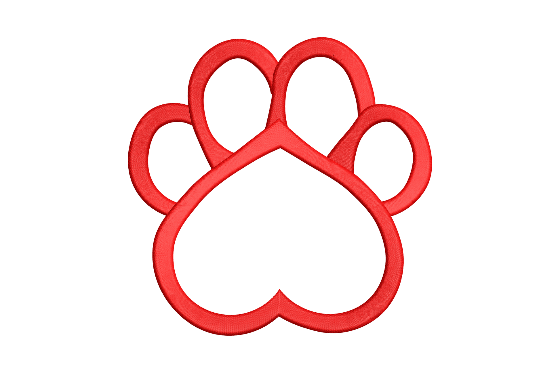 Simple red paw print outline embroidery design with heart-shaped palm pad, clean satin stitch on white background