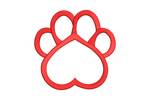 Simple red paw print outline embroidery design with heart-shaped palm pad, clean satin stitch on white background