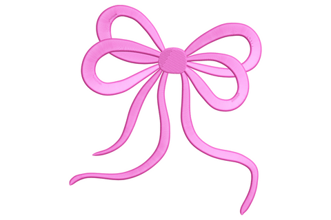 Simple pink bow embroidery design with two looped sides, round centre knot and long curly ribbon tails.