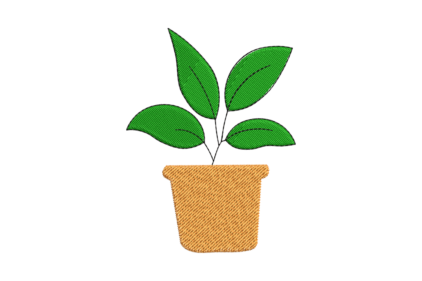 Simple potted leaf plant embroidery design, two broad upright leaves in matte black with midrib satin columns in a tapered pot.