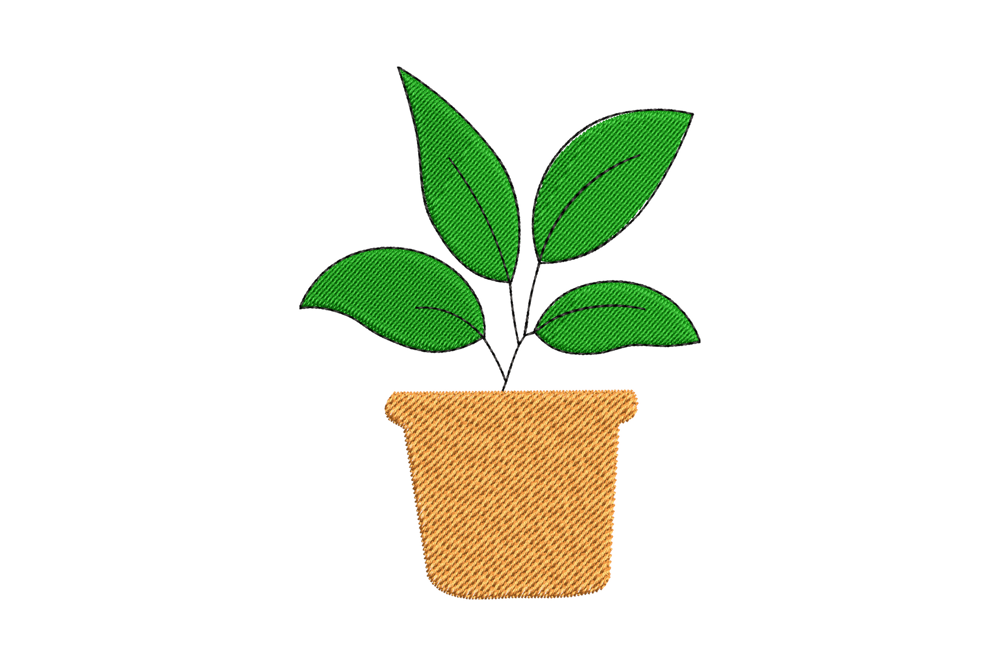 Simple potted leaf plant embroidery design, two broad upright leaves in matte black with midrib satin columns in a tapered pot.