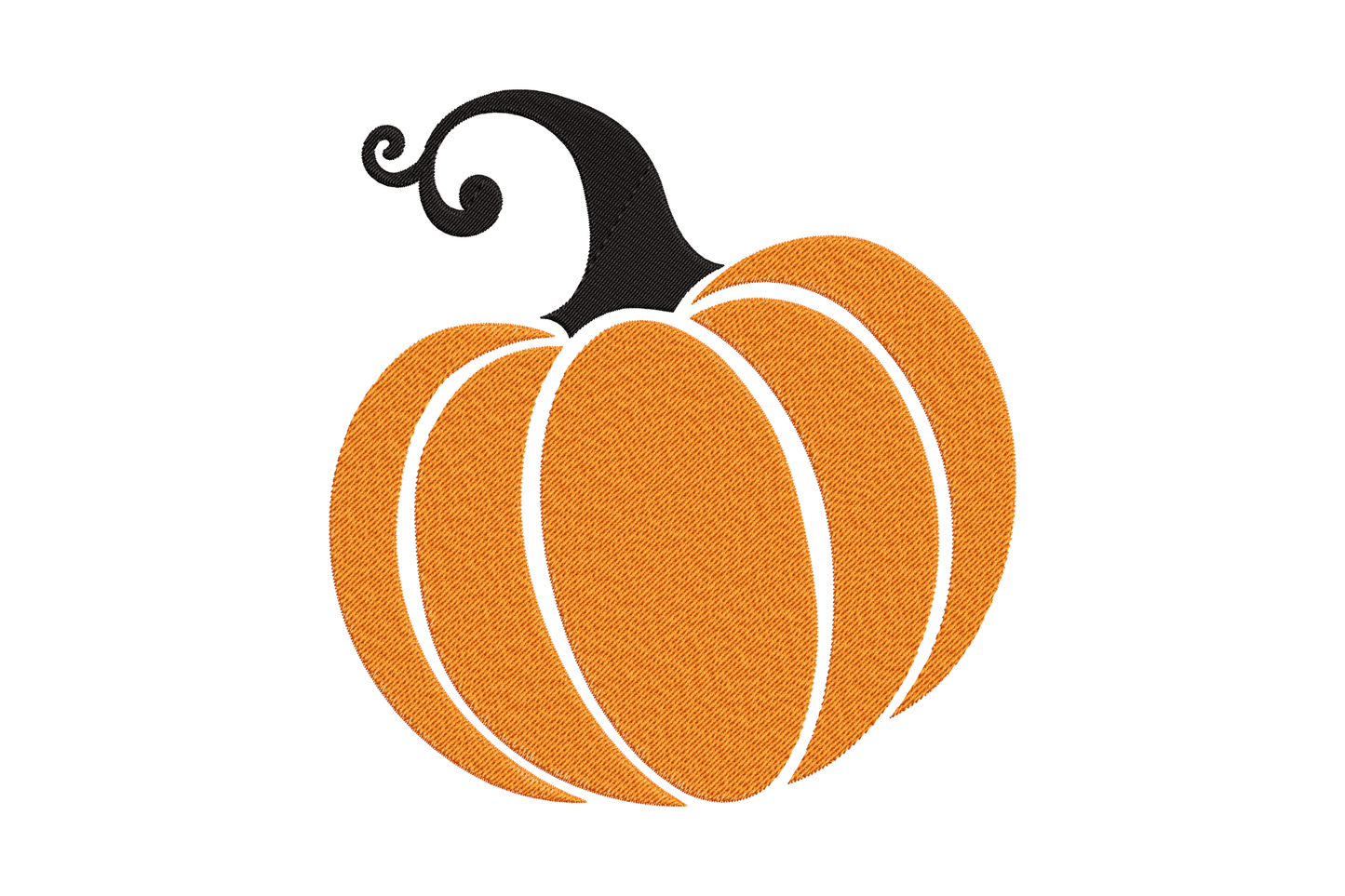 Simple pumpkin embroidery design in orange sketch fill with subtle rib lines and curly black stem on top.