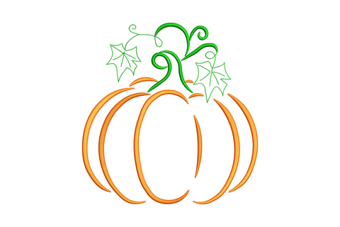Simple pumpkin outline embroidery with clean ribbed lines and curling stem in burnt orange and brown, no fill.