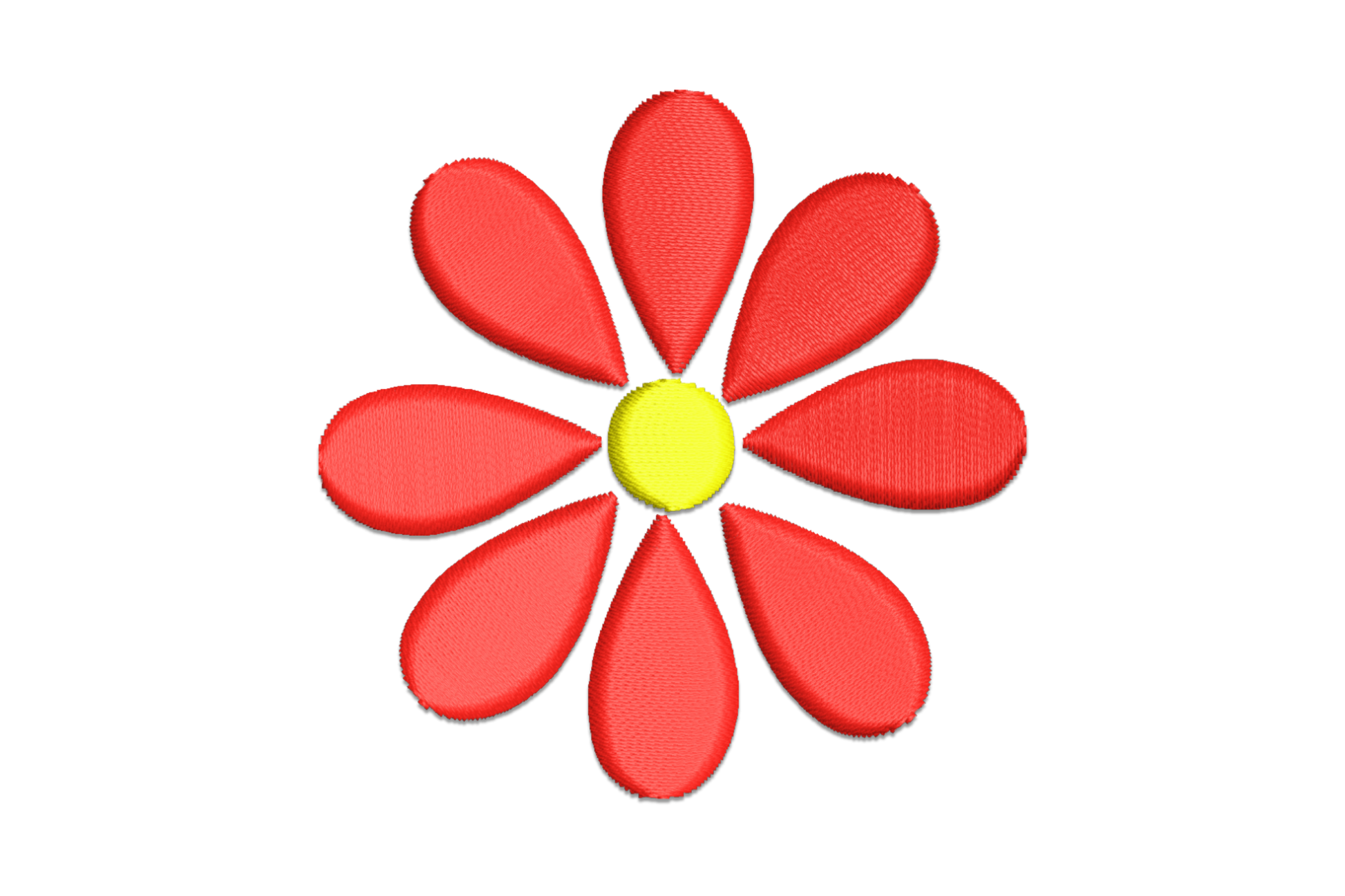 Simple red daisy embroidery design with evenly-spaced satin petals and small round contrasting centre, 7 sizes on white ground.