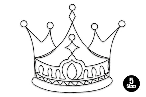 Simple royal crown outline embroidery design with five orb-tipped spires, diamond centre arch and oval jewel on scalloped base band.