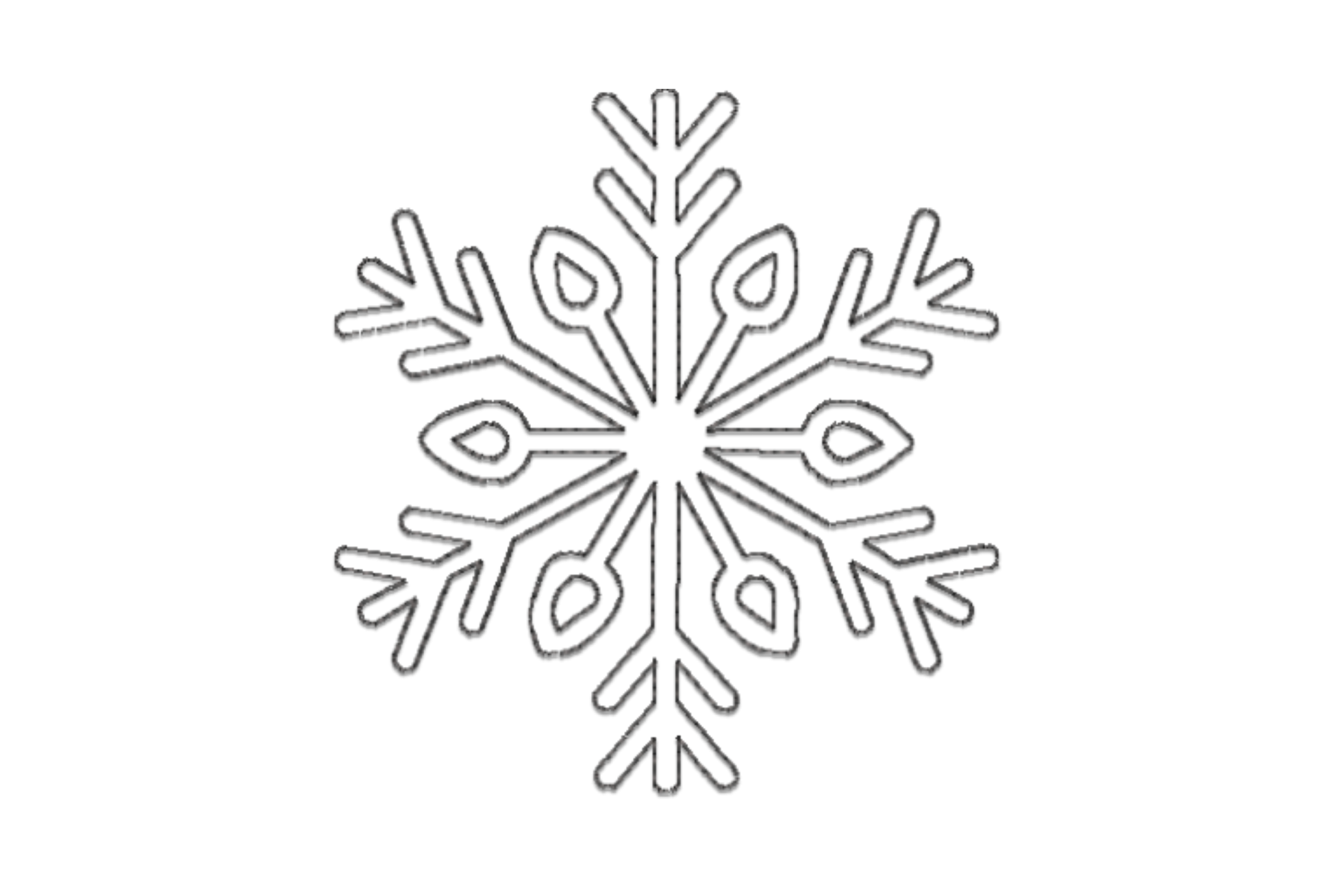 Simple black snowflake outline embroidery with teardrop arm tips and spade accents, very low stitch count design