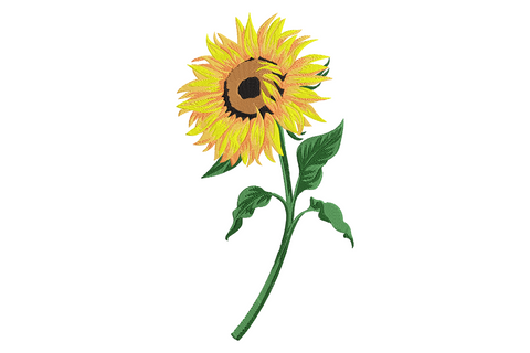 Single stem sunflower embroidery, layered yellow and orange petals, dark brown seed center, green leaves, 7 thread colors