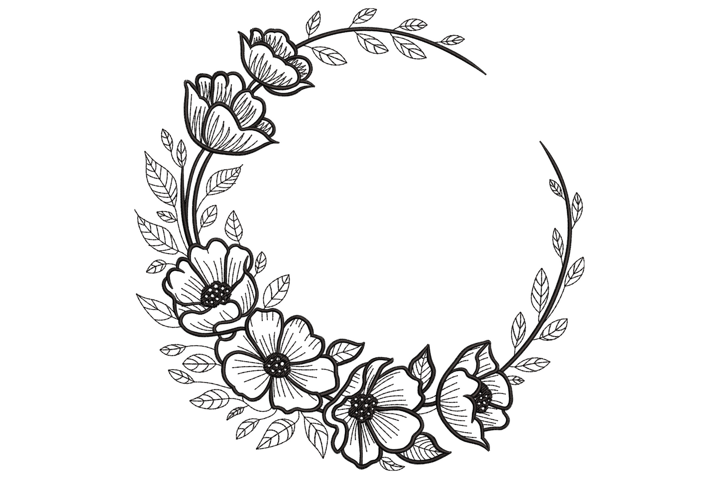 Single colour black line art floral wreath frame embroidery with anemones, poppies and leaves in an open crescent shape.