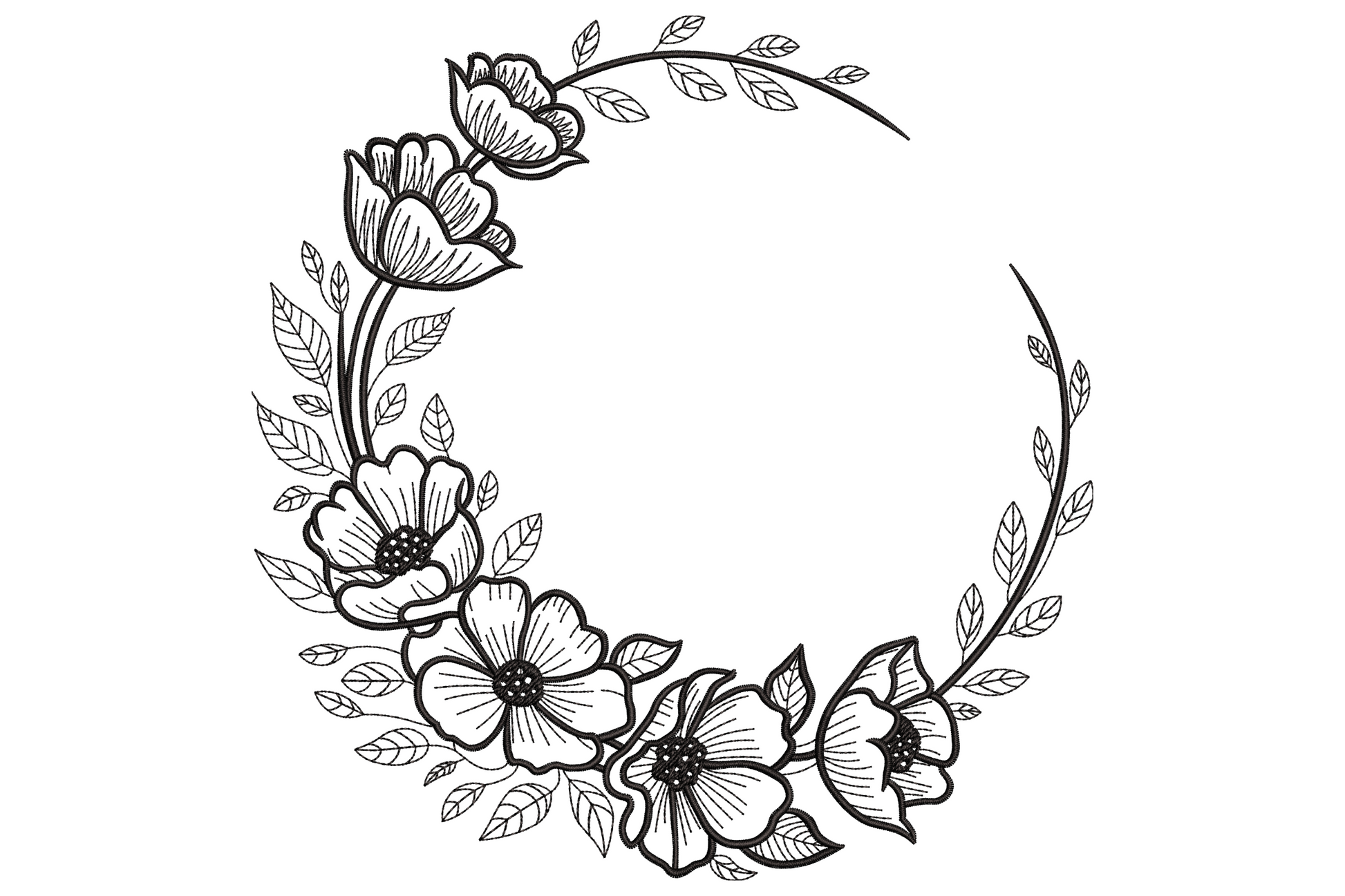 Single colour black line art floral wreath frame embroidery with anemones, poppies and leaves in an open crescent shape.