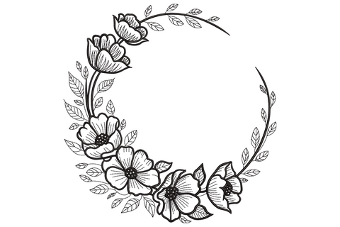 Single colour black line art floral wreath frame embroidery with anemones, poppies and leaves in an open crescent shape.