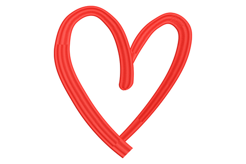 Single hand-drawn red heart outline embroidery, doodle style with wonky asymmetric shape and crossover loop at the bottom
