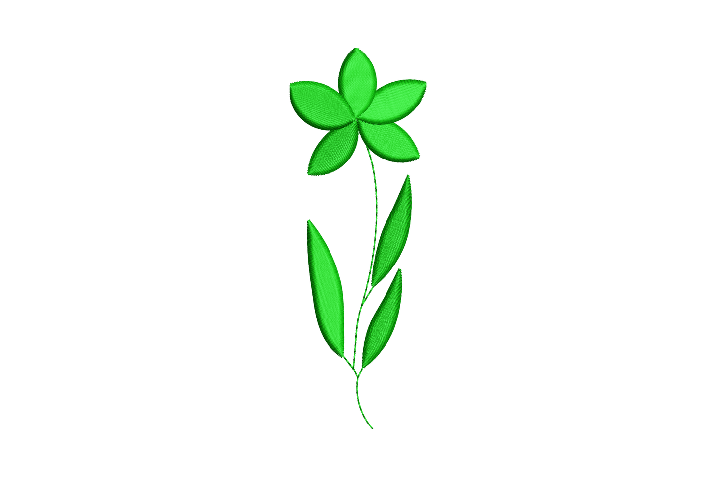 Single five-petal flower on a leafy stem embroidery design in solid dark green with two long pointed leaves trailing
