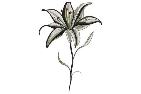 Single lily flower stem embroidery, sage green petals, dark red stamens and a long black-outlined stem with curling leaves.