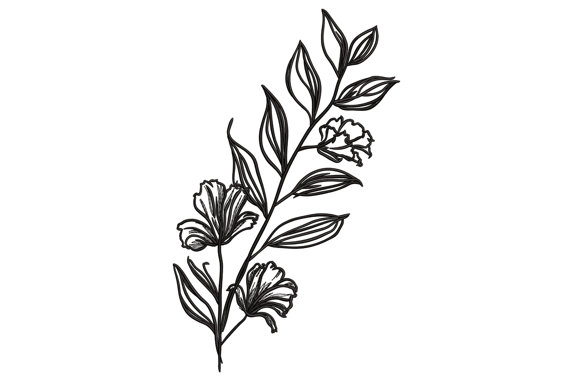 Single line floral branch embroidery, sketchy black outline of three open flowers and pointed leaves on a stem