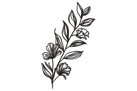 Single line floral branch embroidery, sketchy black outline of three open flowers and pointed leaves on a stem
