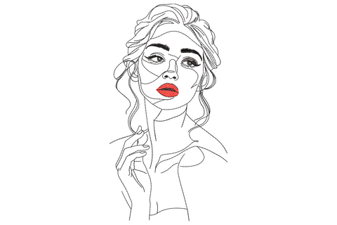 Single line woman face embroidery with continuous black contour, bold red lips, and a pink cheek blush dot on cream skin.