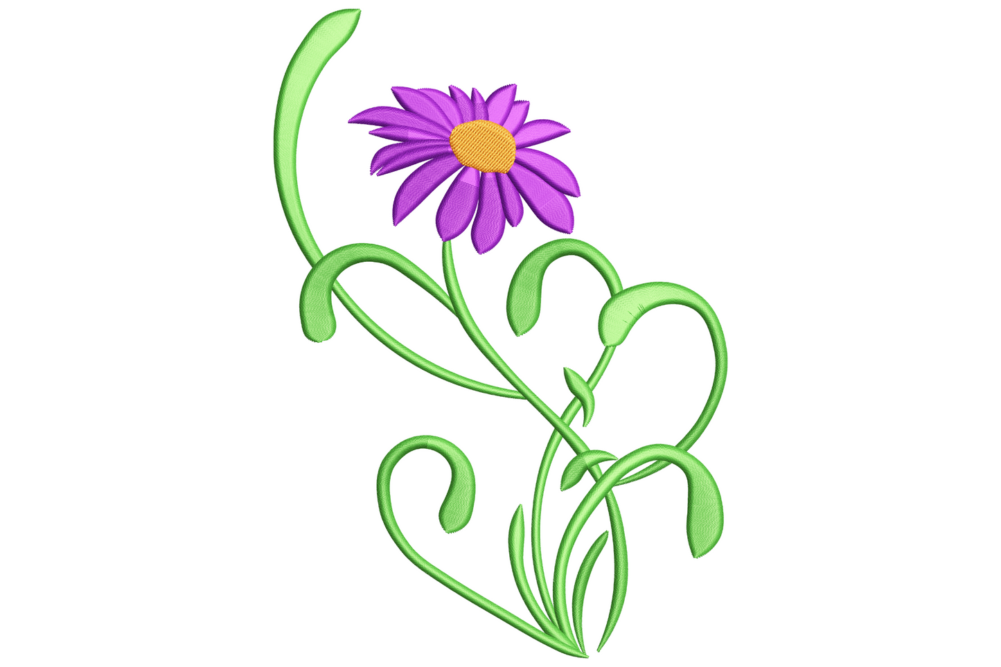Single purple daisy with orange centre on a curling green vine with rounded leaves twisting down below the bloom