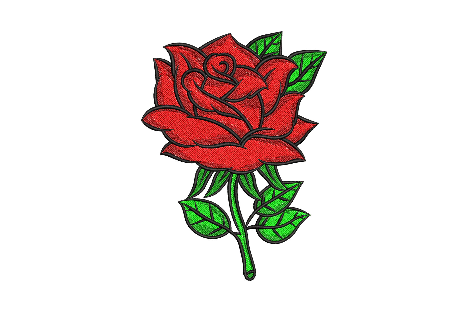 Single stem red rose embroidery design, full bloom on long green stem with leaf pairs, 5 colors, red and dark red shading